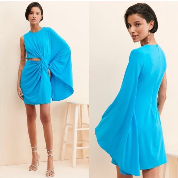 Halston Mini Dress Cutout Drape Sleeve Light Blue Size 10 Elegant Cocktail - Picture 1 of 7